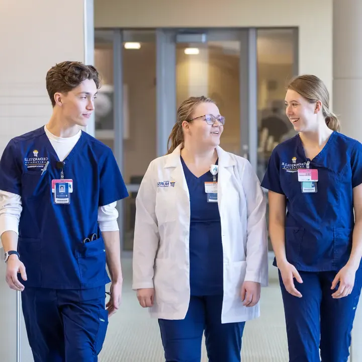 Female faculty discussing something with two nursing students.